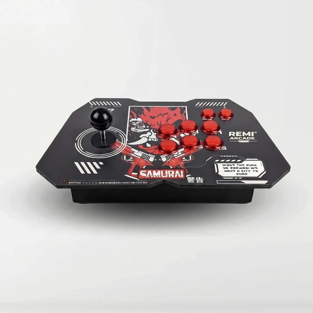 Consola Nova Arcade Twin con diseño samurái cyberpunk y botones rojos